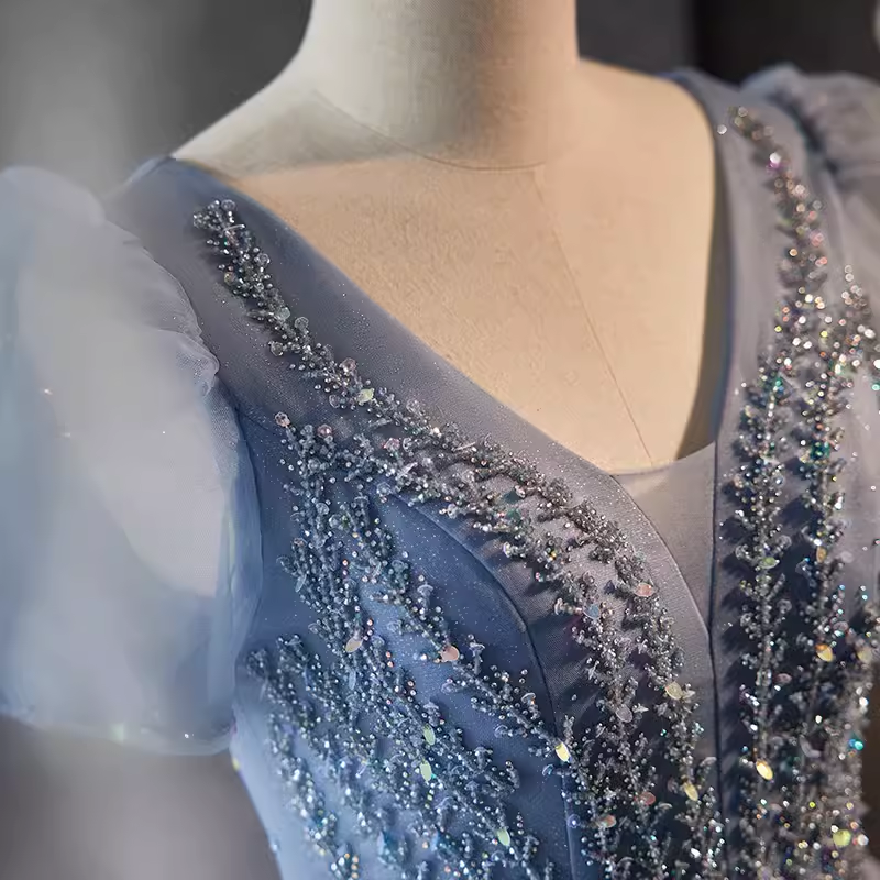 A line V Neckline Short Sleeves Long Blue Prom Dress B094