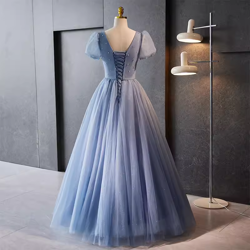 A line V Neckline Short Sleeves Long Blue Prom Dress B094