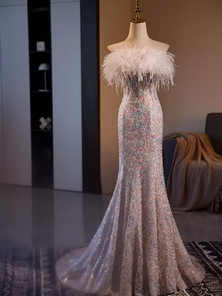 Mermaid Strapless Sequin Long Feather Prom Dress B095