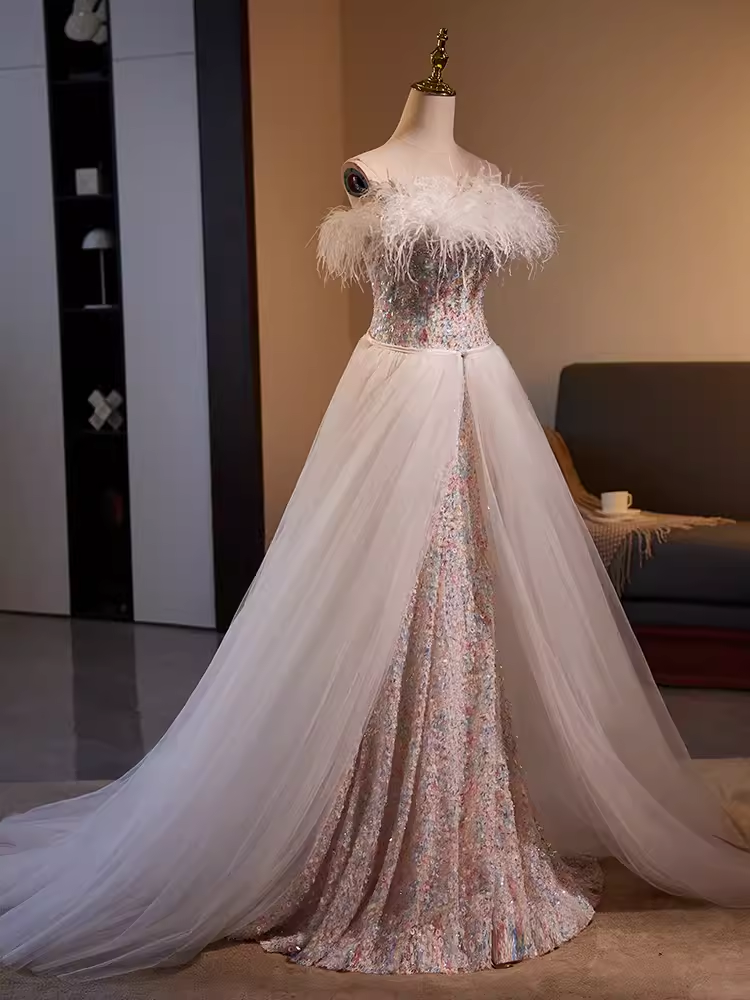 Mermaid Strapless Sequin Long Feather Prom Dress B095