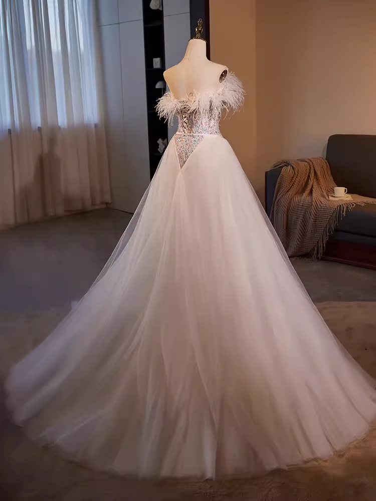 Mermaid Strapless Sequin Long Feather Prom Dress B095