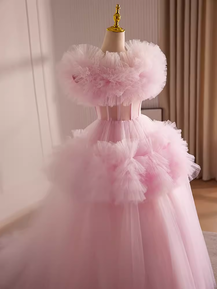 Vintage Ball Gown Short Sleeves Pink Tulle Sweet 16 Dresses B101