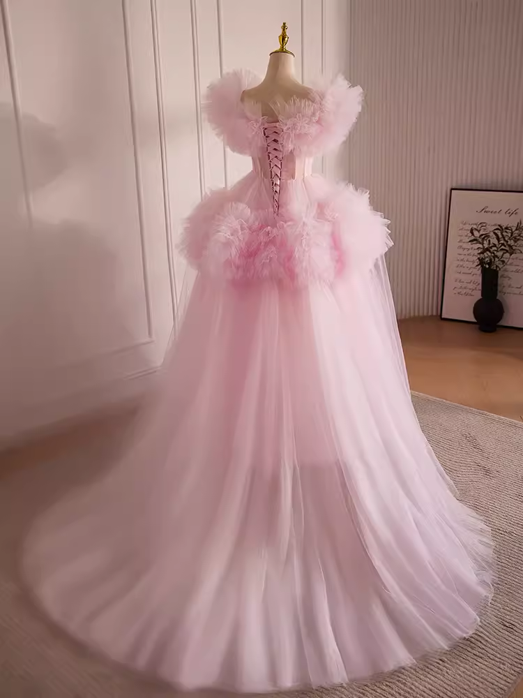 Vintage Ball Gown Short Sleeves Pink Tulle Sweet 16 Dresses B101