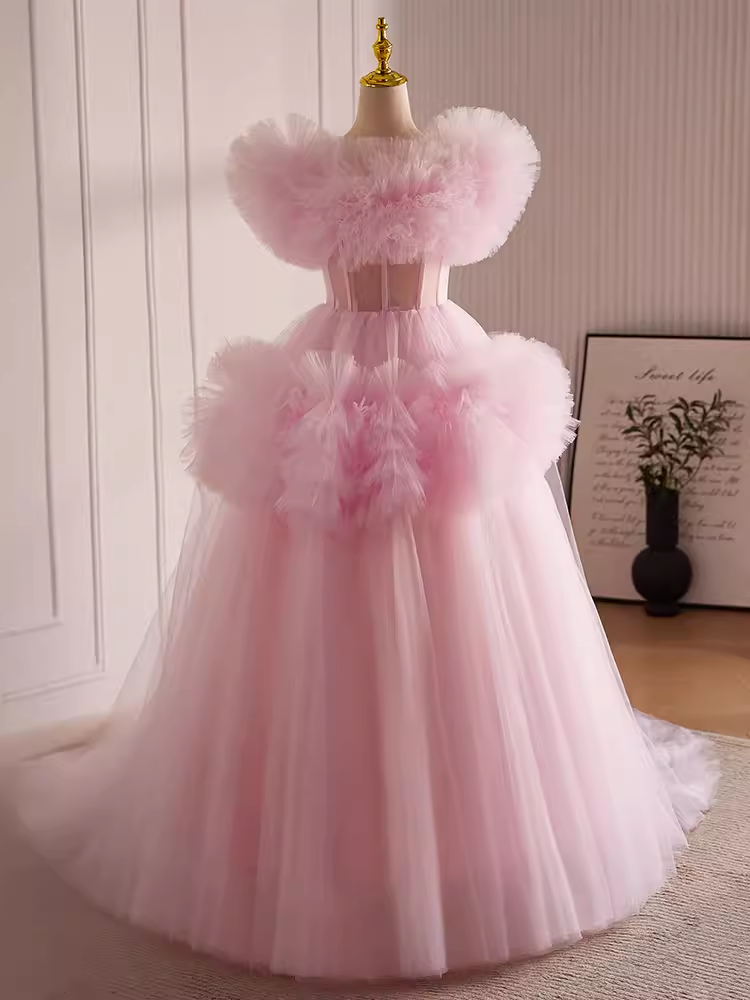 Vintage Ball Gown Short Sleeves Pink Tulle Sweet 16 Dresses B101