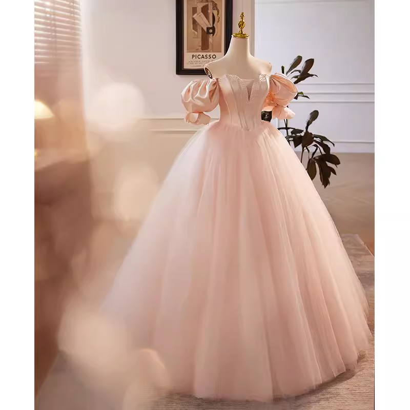 Vintage Ball Gown Off The Shoulder Blush Pink Tulle Sweet 16 Dresses B106