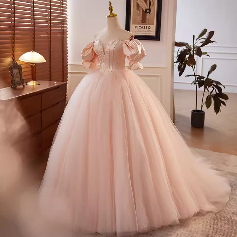 Vintage Ball Gown Off The Shoulder Blush Pink Tulle Sweet 16 Dresses B106