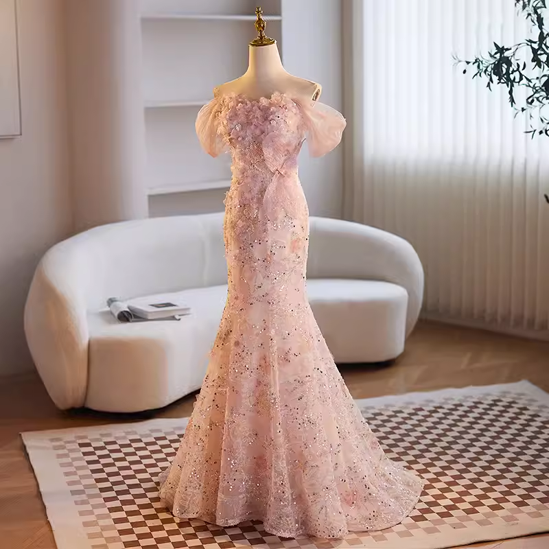 Modest Mermaid Off The Shoulder Long Pink Prom Dress B114