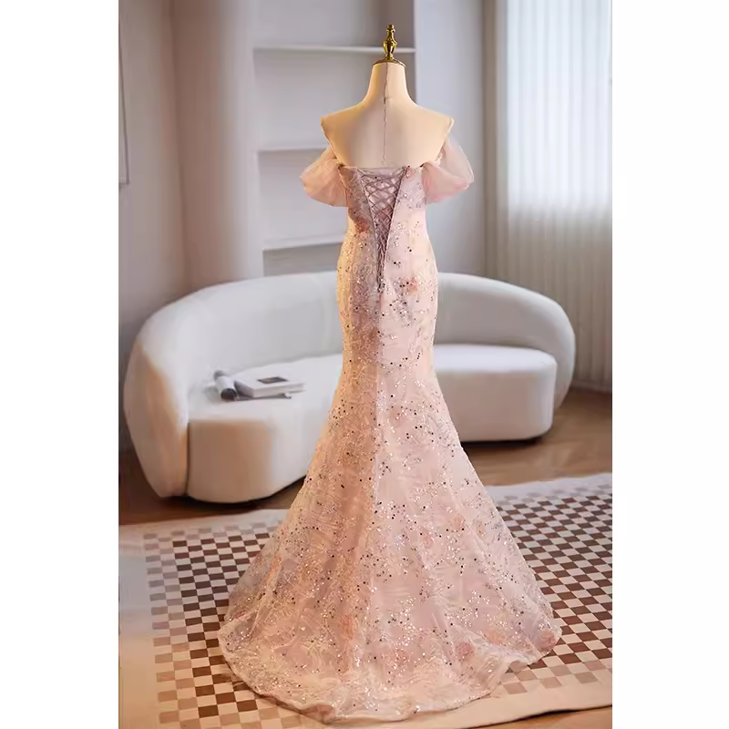 Modest Mermaid Off The Shoulder Long Pink Prom Dress B114