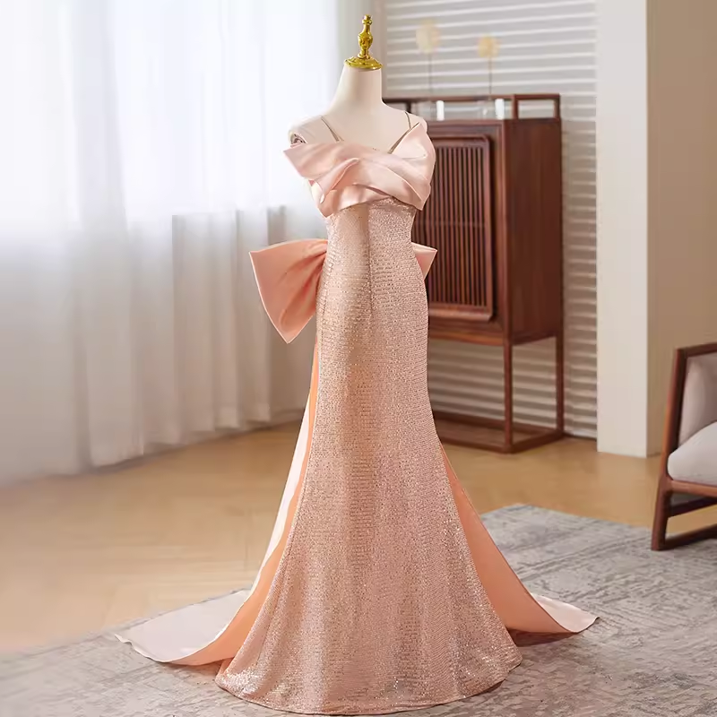 Modest Mermaid Straps Satin Long Pink Prom Dress B115