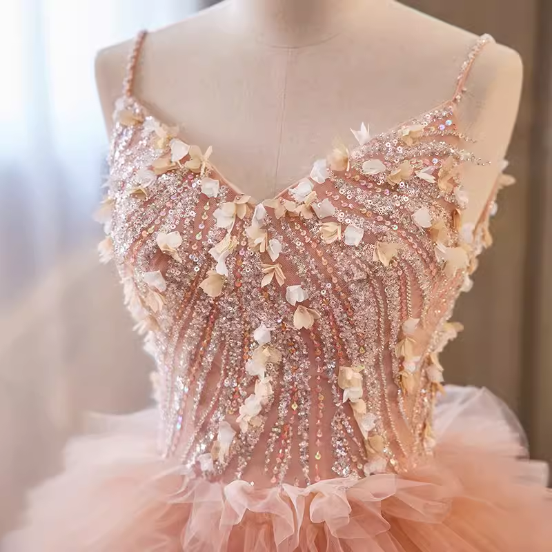 Vintage Ball Gown Straps Pink Tulle Beads Ruffles Sweet 16 Dresses B119