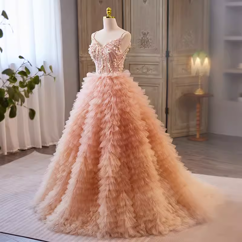 Vintage Ball Gown Straps Pink Tulle Beads Ruffles Sweet 16 Dresses B119
