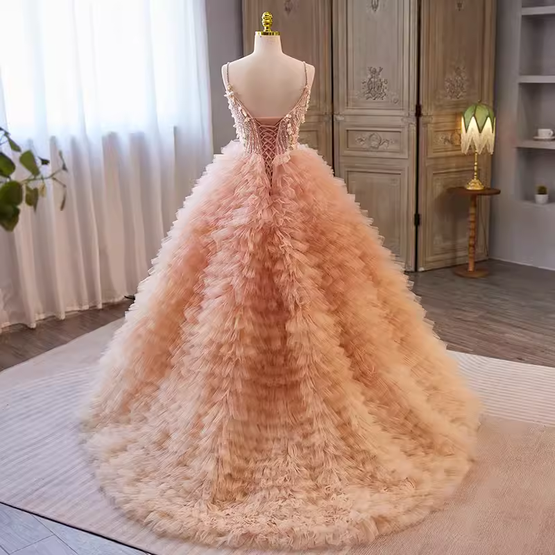 Vintage Ball Gown Straps Pink Tulle Beads Ruffles Sweet 16 Dresses B119