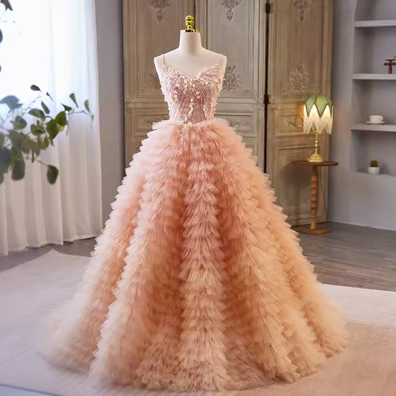 Vintage Ball Gown Straps Pink Tulle Beads Ruffles Sweet 16 Dresses B119