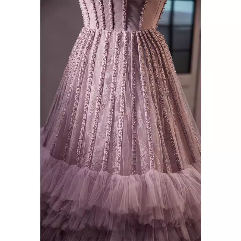Vintage Ball Gown Strapless Lilac Tulle Beads Ruffles Sweet 16 Dresses B121