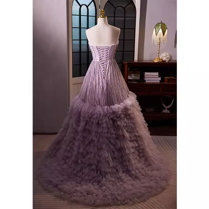Vintage Ball Gown Strapless Lilac Tulle Beads Ruffles Sweet 16 Dresses B121