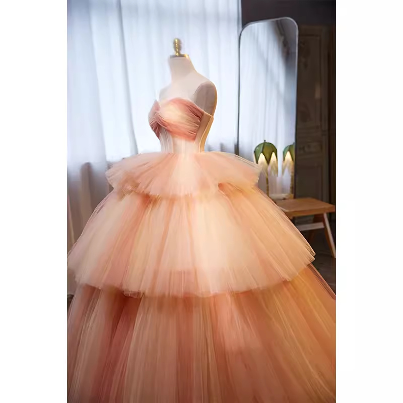 Vintage Ball Gown Strapless Tulle Pink Sweet 16 Dresses B123