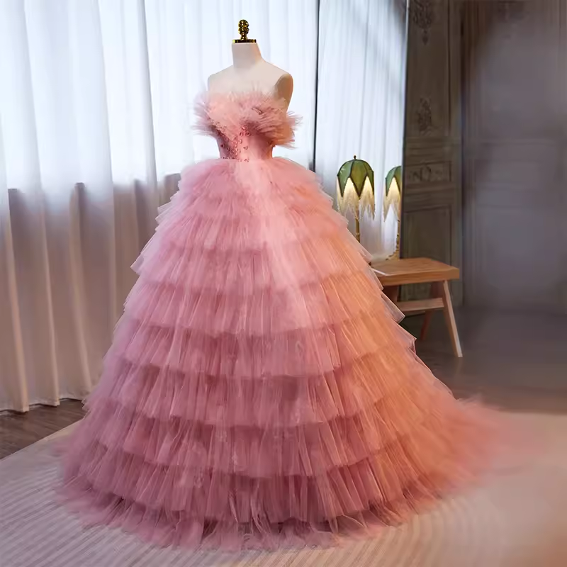 Vintage Ball Gown Strapless Tulle Ruffles Pink Sweet 16 Dresses B124