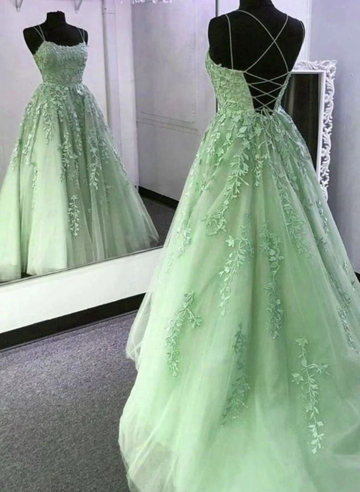 Simple A-Line Spaghetti Straps Lace Green Backless Long Prom Dress B229