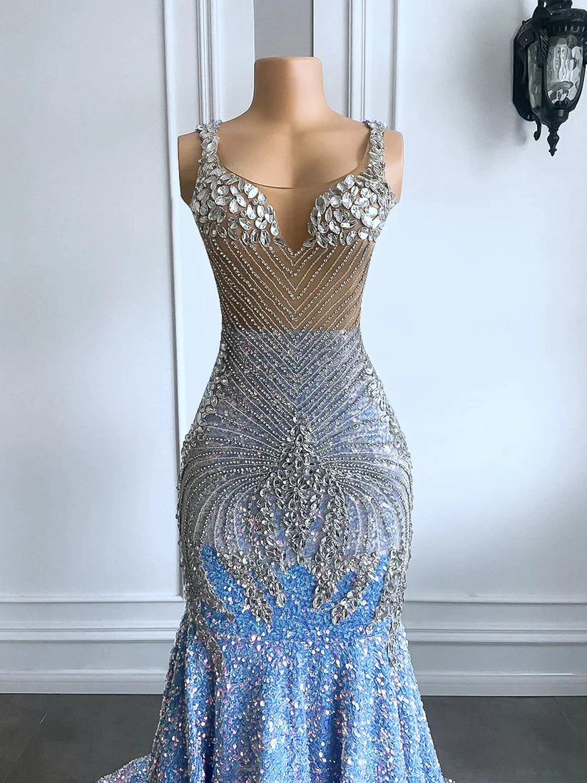 Sexy Mermaid Straps Beads Sequin Long Prom Dress B412