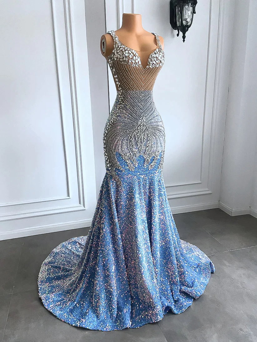 Sexy Mermaid Straps Beads Sequin Long Prom Dress B412