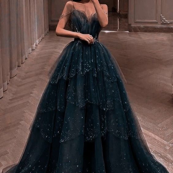 Elegant Ball Gown Straps Long Tulle Blue Prom Dress B492