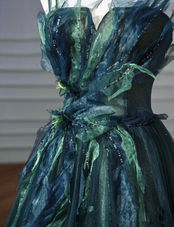 Robe de bal longue en tulle vert foncé élégante ligne A B498
