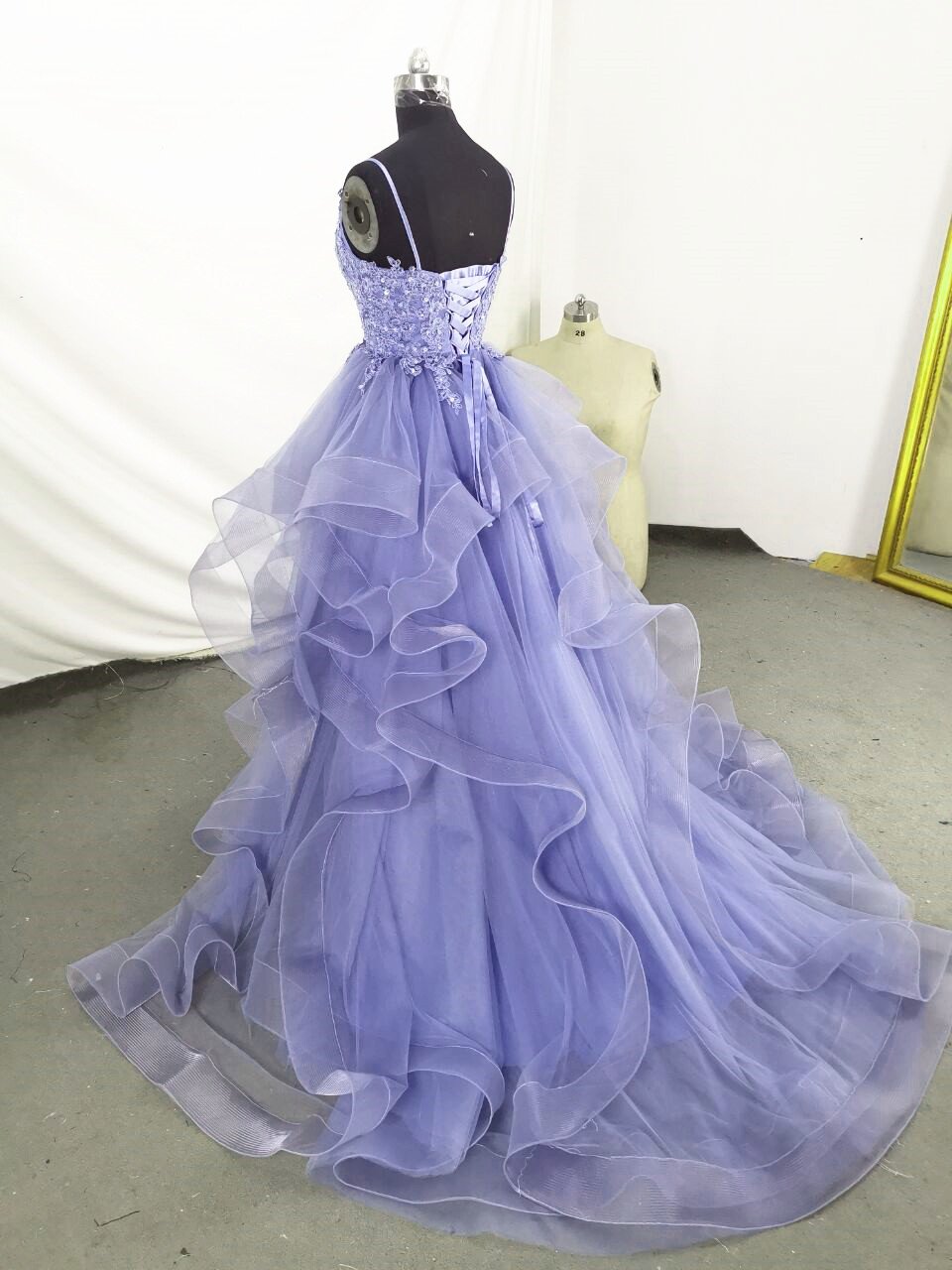 Charming Ball Gown Straps Long Lace Lilac Prom Dress B549