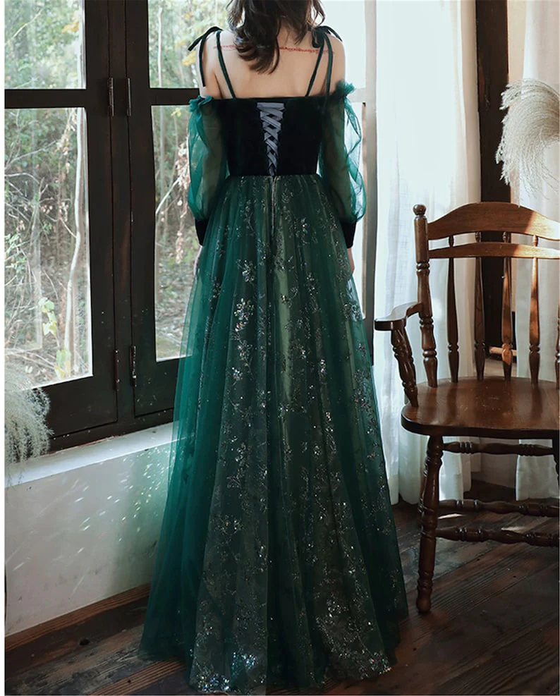 Simple A line Straps Long Sleeves Green Sequin Prom Dress B579
