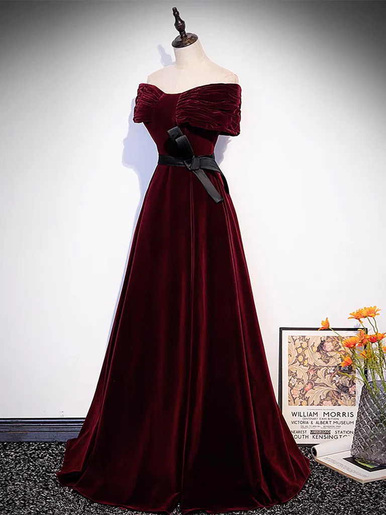 A-Line Off Shoulder Velvet Burgundy Long Prom Dress B622
