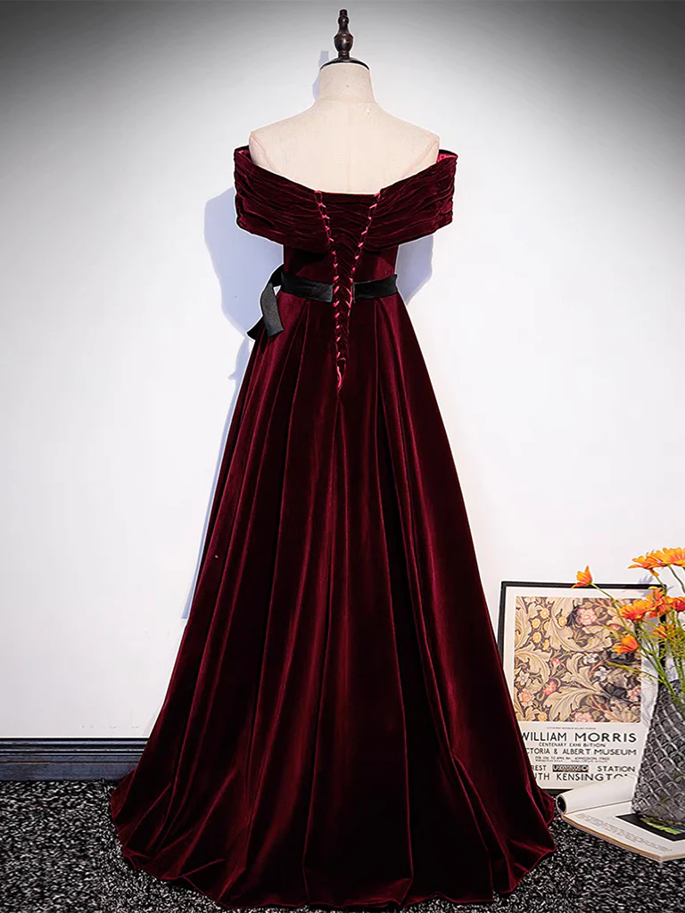 A-Line Off Shoulder Velvet Burgundy Long Prom Dress B622