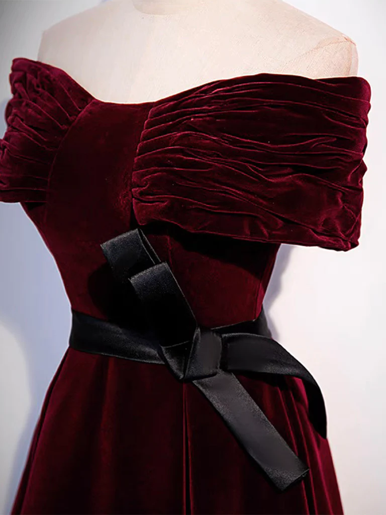 A-Line Off Shoulder Velvet Burgundy Long Prom Dress B622