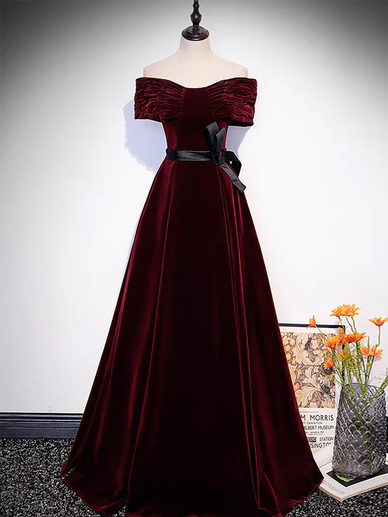 A-Line Off Shoulder Velvet Burgundy Long Prom Dress B622