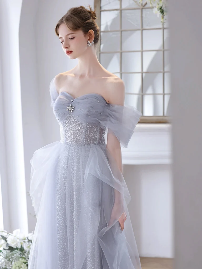 Simple A-Line Off Shoulder Tulle Sequin Gray Long Prom Dress B623