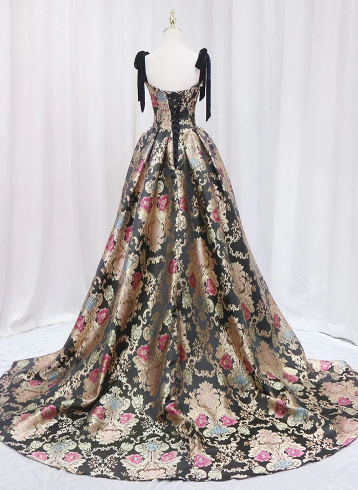 Robe de bal longue en Satin noir, bretelles, ligne a, motif floral, robe de bal, B649