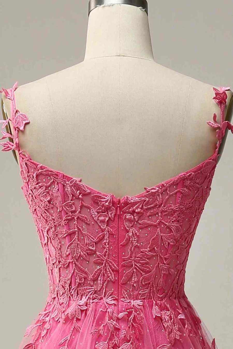 Modest A line Straps Pink Lace Slit Prom Dress Evening Dresses B726