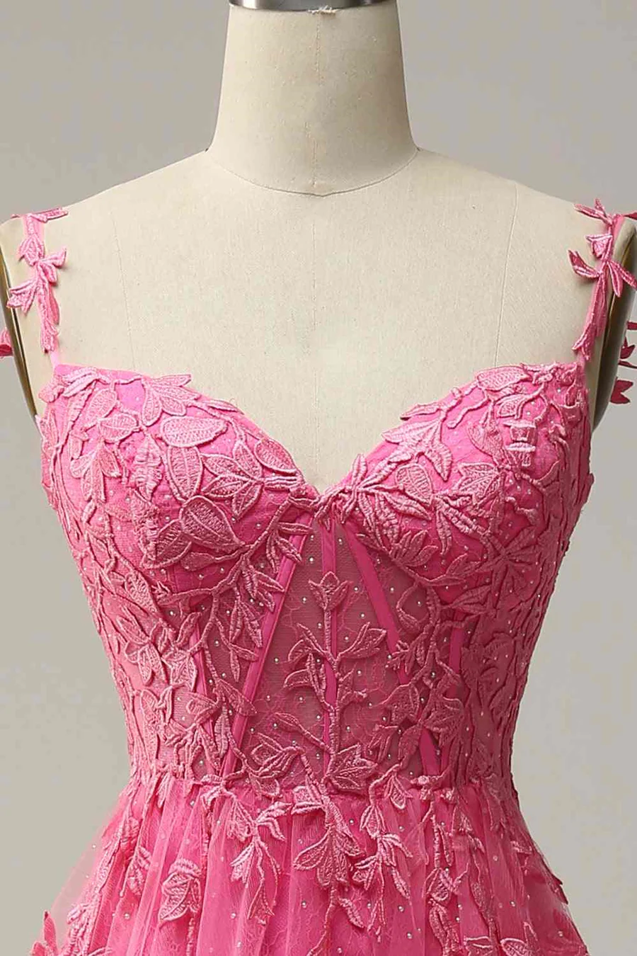 Modest A line Straps Pink Lace Slit Prom Dress Evening Dresses B726