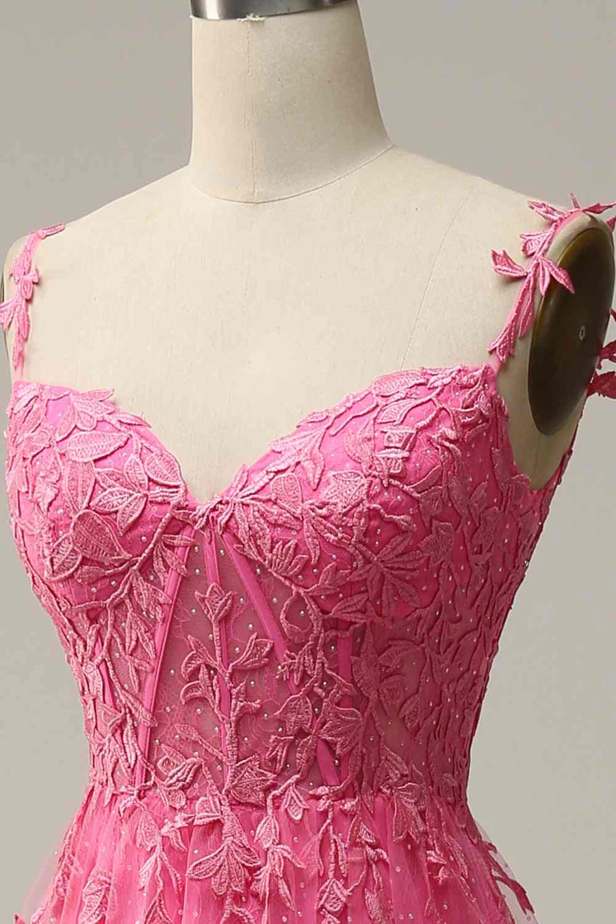 Modest A line Straps Pink Lace Slit Prom Dress Evening Dresses B726