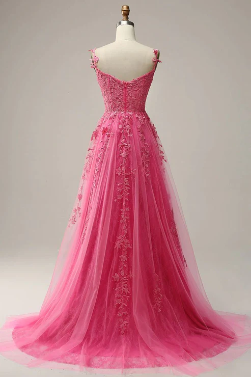 Modest A line Straps Pink Lace Slit Prom Dress Evening Dresses B726