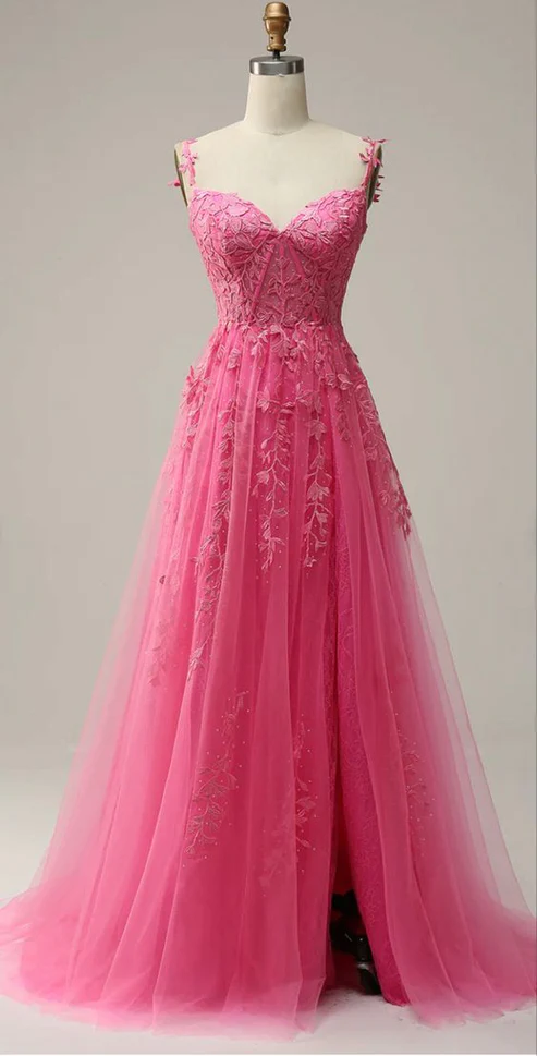 Modest A line Straps Pink Lace Slit Prom Dress Evening Dresses B726