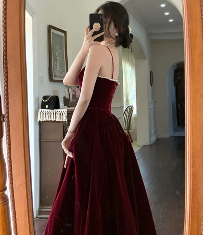 Simple A line Straps Pearls Burgundy Long Velvet Prom Dress B739