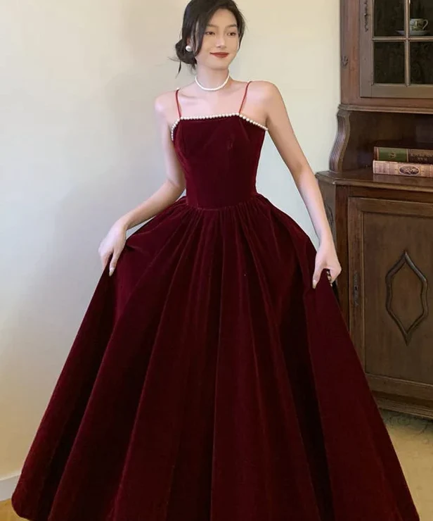 Simple A line Straps Pearls Burgundy Long Velvet Prom Dress B739