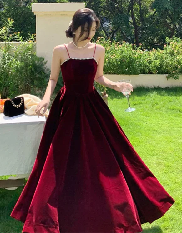 Simple A line Straps Pearls Burgundy Long Velvet Prom Dress B739