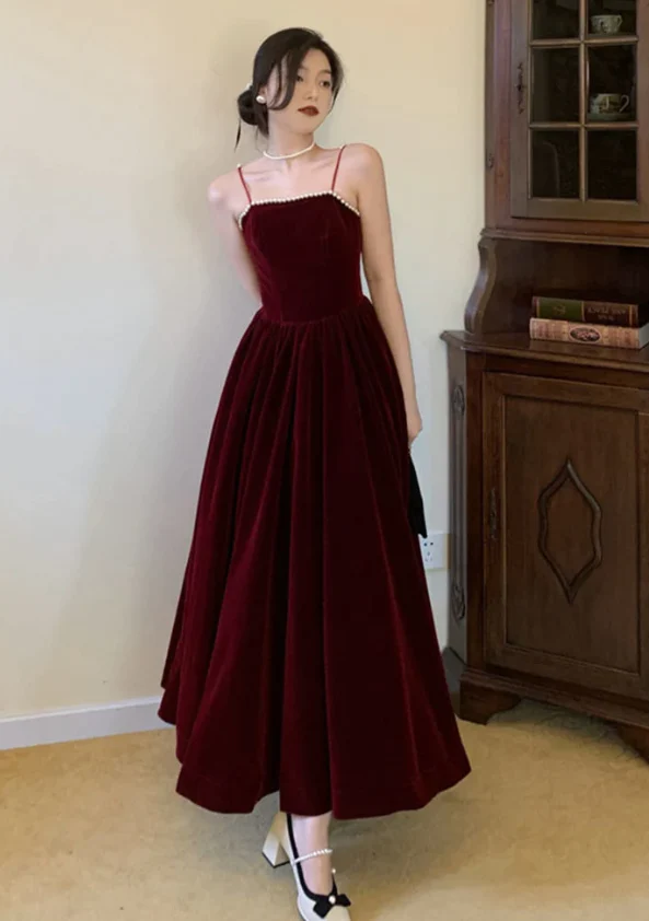 Simple A line Straps Pearls Burgundy Long Velvet Prom Dress B739