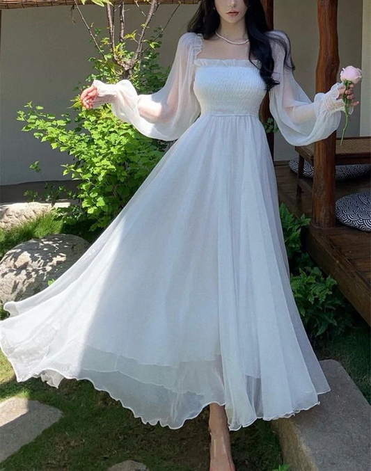 Simple A line Long Sleeves White Long Prom Dresses B768