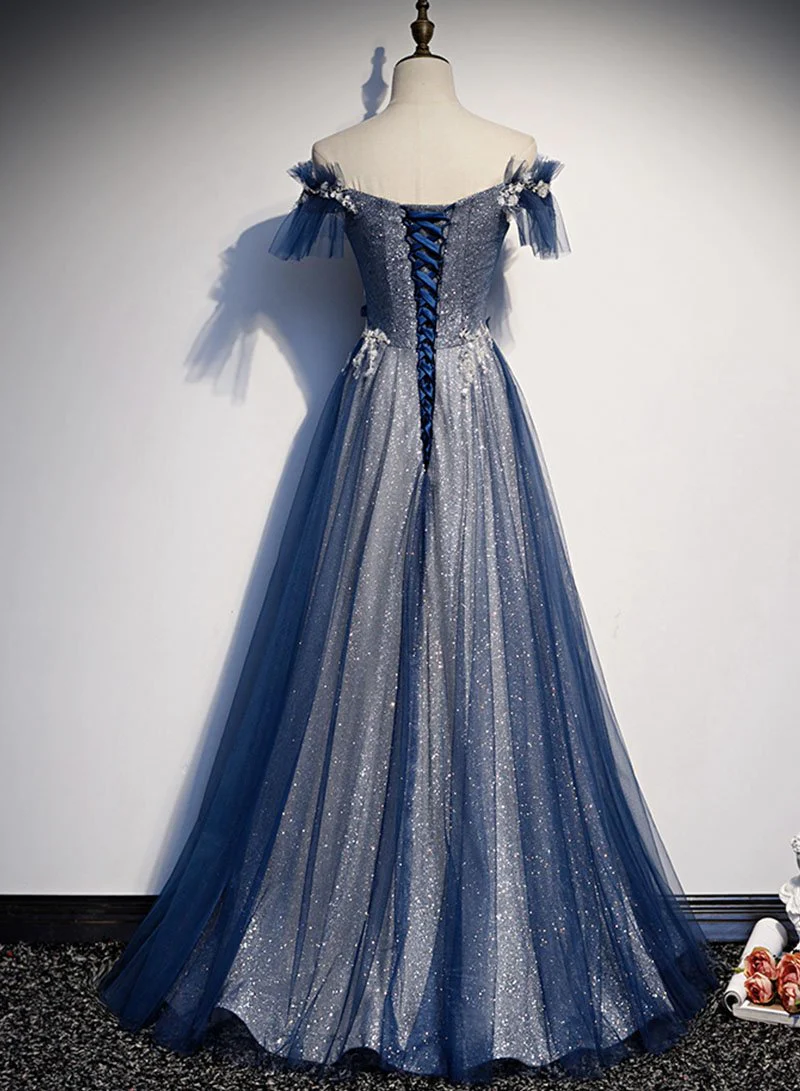 Simple A line Off The Shoulder Sequin Blue Long Prom Dresses B800