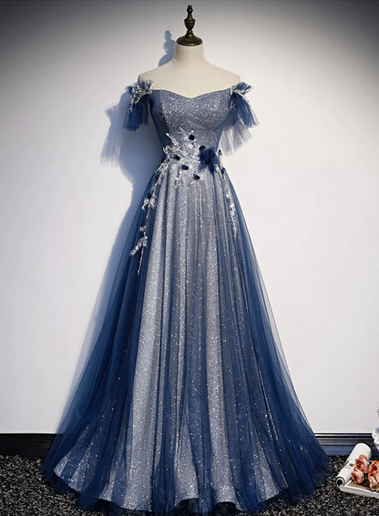 Simple A line Off The Shoulder Sequin Blue Long Prom Dresses B800