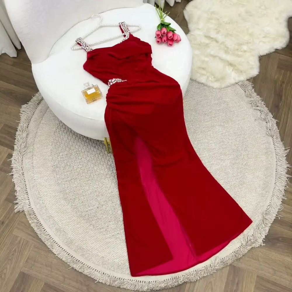 Elegant Sheath Straps Burgundy Satin Silver Beads Slit Long Prom Dresses Formal Dress C2737