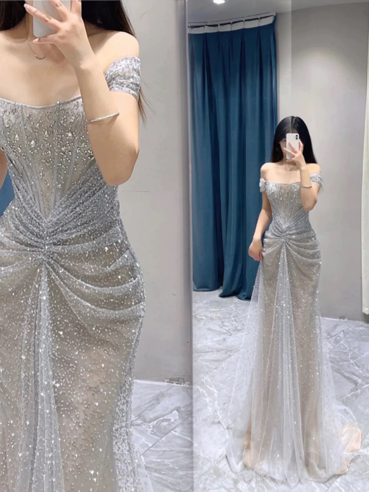 Pretty Mermaid Off The Shoulder Sequin Long Evening Dress Prom Dresses With Beads C3449