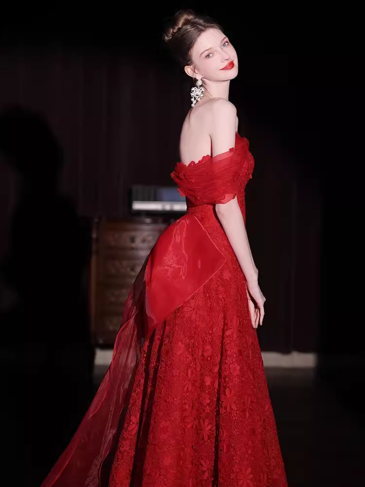 Robe de bal longue en dentelle rouge, ligne A, sexy, chérie, C05