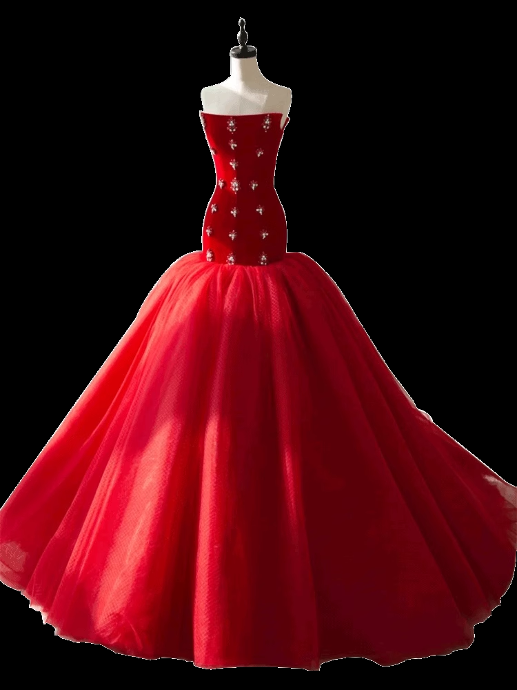 Simple Mermaid Red Tulle Long Prom Dresses C104